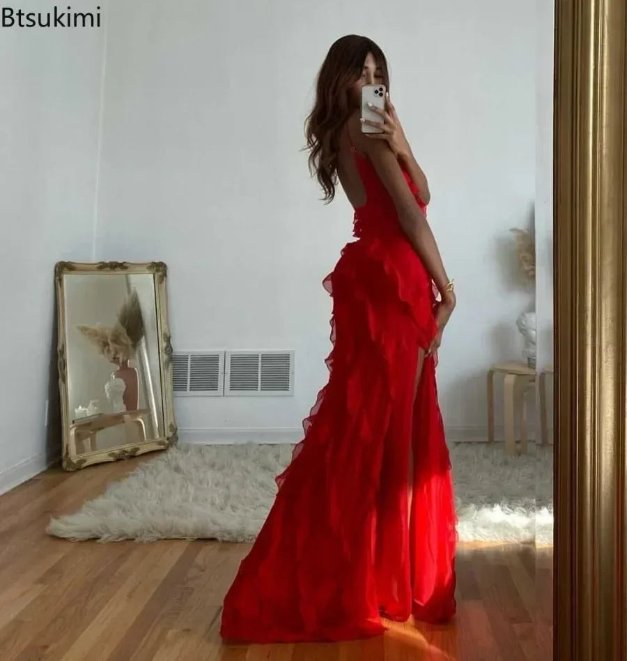 New 2026 Women's Ruffles Chiffon Maxi Dress Backlesss Split Sexy Porm Dress Red Long Summer Wedding Party Dress Elegant Vestidos