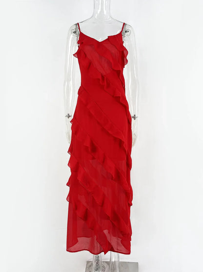 New 2026 Women's Ruffles Chiffon Maxi Dress Backlesss Split Sexy Porm Dress Red Long Summer Wedding Party Dress Elegant Vestidos