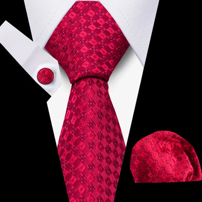 Tie For Men Classic Plaid Handkerchiefs Red Necktie Cufflinks For Men Blouse Business Wedding Accessories Women Collar Man Gift