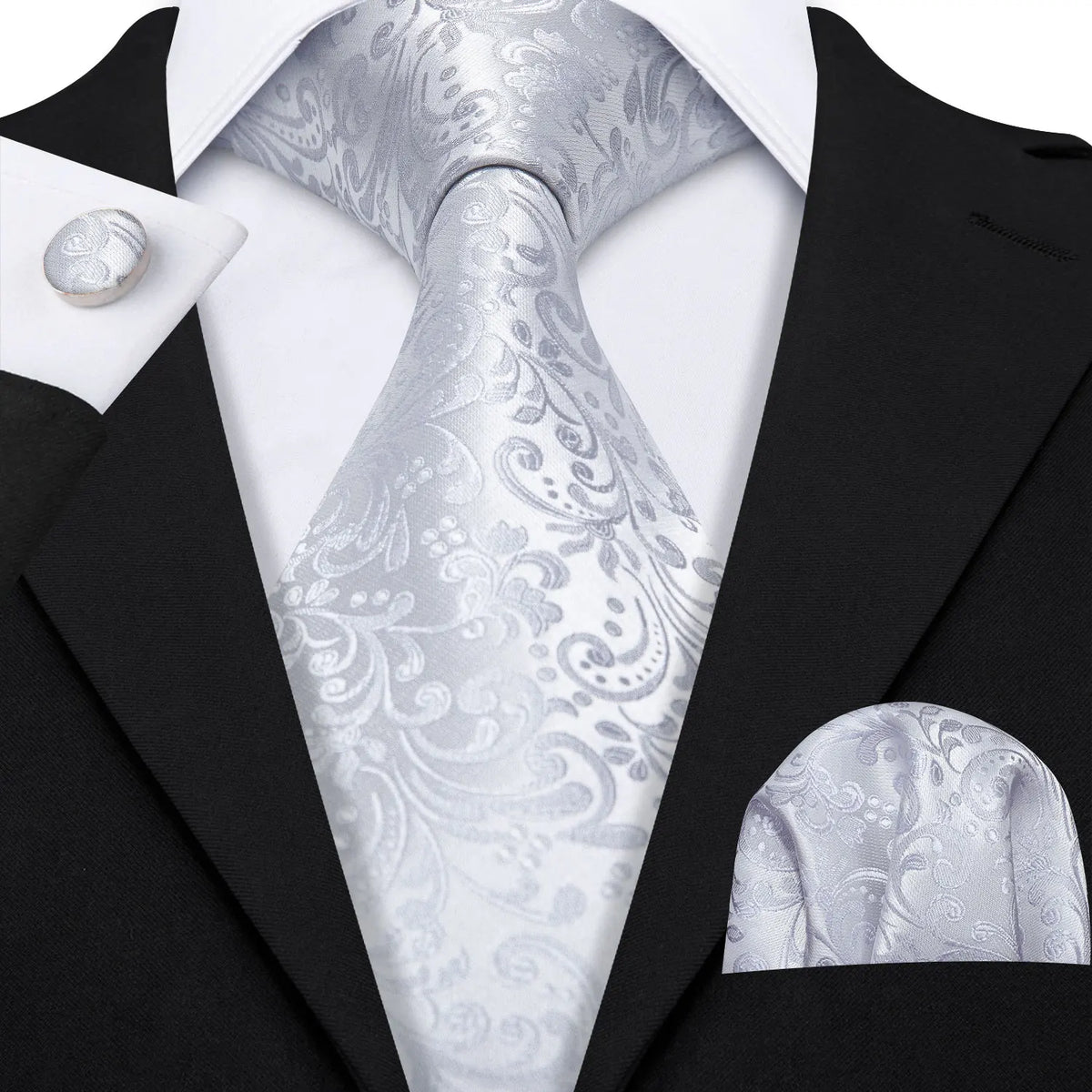 Barry.Wang Black White Gray Silver Silk Men Tie Handkerchief Cufflinks Set Jacquard Necktie for Male Wedding Business Party Gift