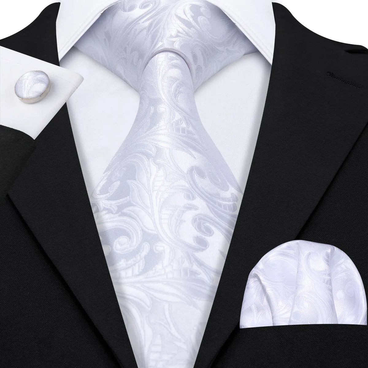 Barry.Wang Black White Gray Silver Silk Men Tie Handkerchief Cufflinks Set Jacquard Necktie for Male Wedding Business Party Gift