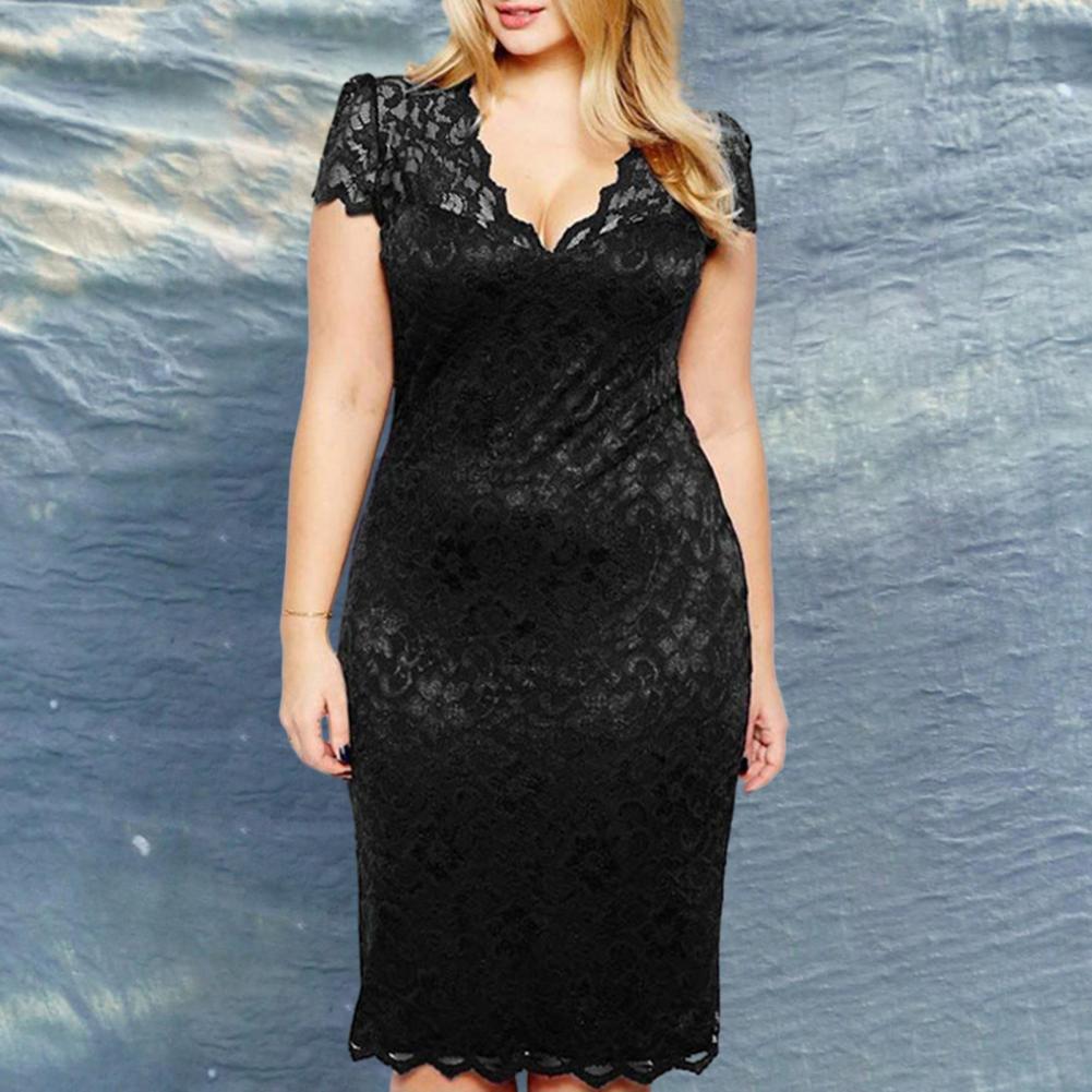 Summer Women See-through Lace Patchwork Mini Dress V-Neck Short Sleeve Slim Fit Plus Size Party Dress Female Clothing