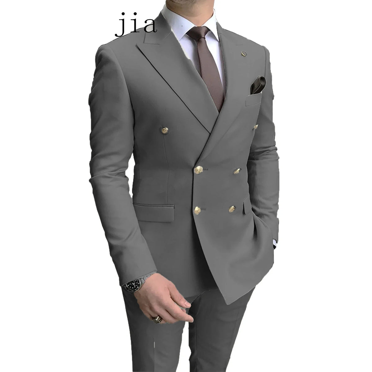 2024 Fashion New Men's Business Double Breasted Solid Color Suit Coat / Male Slim Wedding 2 Pieces Blazers Jacket Pants Trousers