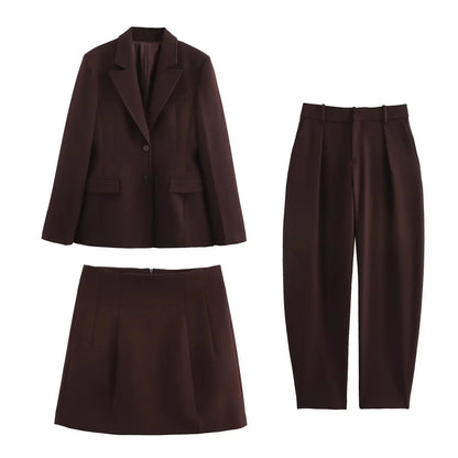 KONDALA Chic Casual Solid Women Suit Pockets Button Blazer Straight Loose Pants Zipper Skirt New Fashion 2025 Autumn Winter Sets