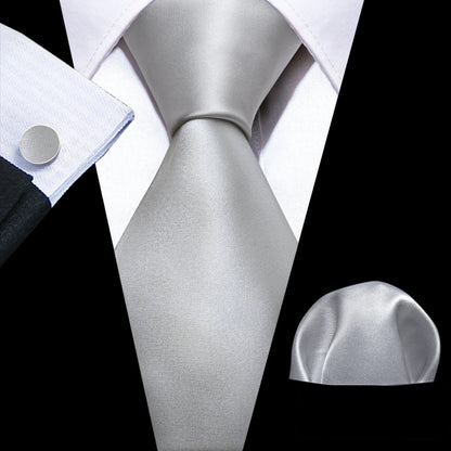Barry.Wang Black White Gray Silver Silk Men Tie Handkerchief Cufflinks Set Jacquard Necktie for Male Wedding Business Party Gift