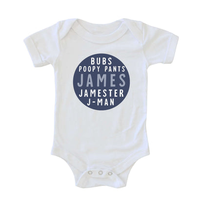 Personalized Blue Circle Name Graphic Bodysuit | White